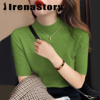 IRENASTORY เสื้อยืดถักสำหรับผู้หญิงสไตล์ลำลองแขนสั้นคอสูงครึ่งแขนยืดเสื้อสเวตเตอร์บางสีทึบ