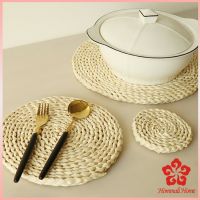 รองแก้ว สานทรงกลม วัสดุธรรมชาติ แผ่นรองหม้อสานจากต้น กก ที่รองจาน Corn husk woven placemat