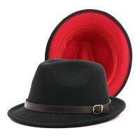 QBHAT Short Brim Black Red Patchwork Jazz Fedora Hats With Belt Buckle Women Men Felt Panama Homburg Top Hat For Party Wedding