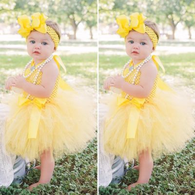 〖jeansame dress〗น่ารักเด็กสาวเหลืองตูชุดทารกเด็กวัยหัดเดินโครเชต์ T Ulle ชุดด้วย Hairbow ชุดเด็กปาร์ตี้วันเกิดชุดเครื่องแต่งกาย