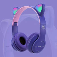 Wireless Headphones Cat Ear with Mic Bluetooth Glow Light Stereo Bass Helmets Children Gamer Girl Gifts PC Phone Gaming Headset