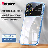 NIWINEE เคสกระจกกล้องสีฟ้าอ่อนขนาดใหญ่สำหรับ Realme C55 C53 C35 C33 C30s C30 9 8 Narzo 50 5GFull Protection กรอบหลังกล่องโลหะชุบหรูหราซิลิโคนกันกระแทก