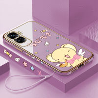 เคสสำหรับ Honor โทรศัพท์90 5G 90 Lite 5G ฟรีสายคล้องการ์ตูนน่ารักลวดลายขอบสี่เหลี่ยมน่ารักเคสโทรศัพท์ชุบหรูหราเคสโทรศัพท์นิ่ม