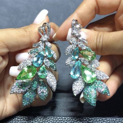 2022 New Arrival Vintage Sparkling Leaf Cubic Zirconia Earring High Quality White Gold Pated CZ Dangle Pendant Earrings Jewelry