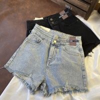 HOT14★New Summer Women High Waist Hole Blue Denim Shorts Cal Female Solid Color Frayed Jeans Shorts A line Shorts Female Femme