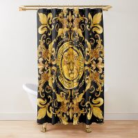 Golden Baroque Symmetrical Shower Curtain,golden Lion and Damask Ornament Luxury Design Gold Lace Bathroom Shower Curtains Set