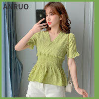 Anruo 2023ผู้หญิงเสื้อชีฟองฤดูร้อนใหม่คอ V จีบเสื้อเชิ้ตลายตุ๊กตาเอวและแจ็คเก็ตตะวันตกบาง