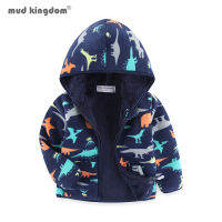 Mudkingdom Boys Gils Hooded Coats Fashion Dinosaur Print Pattern Long Sleeve Children Outerwear Winter Fleece Jackets Clothing