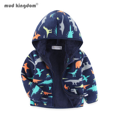 Mudkingdom Boys Gils Hooded Coats Fashion Dinosaur Print Pattern Long Sleeve Children Outerwear Winter Fleece Jackets Clothing