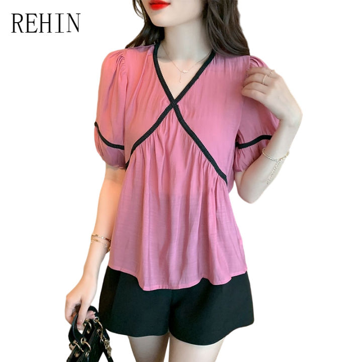 rehin-ผู้หญิงฤดูร้อนใหม่เกาหลีรุ่น-v-คอสี-blocking-แขนสั้นเสื้อ-webbing-patchwork-หลวม-elegant-เสื้อ