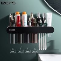 IZEFS ที่ใส่แปรงสีฟันในบ้านที่ใส่แปรงสีฟันแบบไม่เจาะรูที่ใส่แปรงสีฟันอัตโนมัติที่ใส่ของในห้องน้ำแบบบีบชุดอุปกรณ์ห้องน้ำจัดระเบียบในห้องน้ำ