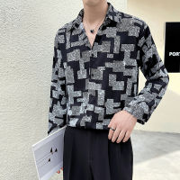 Camisas De Hombre เรขาคณิตพิมพ์แขนยาวหลวมชายเสื้อแฟชั่น Street สวม Hip Hop ปุ่มขึ้น Lapel Oversize เสื้อ Man