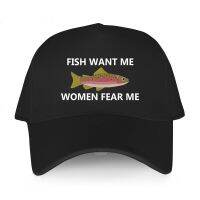 【KFAS Clothing Store】 Fish Want Me Women Fear Me หมวกเบสบอลสีขาวหมวกปลาผู้หญิง Sun Hip Hop Bonnet กีฬาชายฤดูใบไม้ผลิกลางแจ้ง Casual