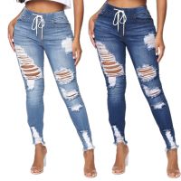 Sexy Skinny Jeans with Hole Pocket Streetwear Mid Waist Elastic Jean Trouser Women Pants