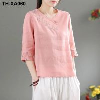 embroidery restoring ancient ways round collar short sleeves T-shirt female art show thin loose national summer coat