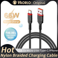 VAORLO สายชาร์จแบบถัก66W USB ต่อ USB สายชาร์จเร็วไปยัง Microusb/typec/iphone สายชาร์จไนลอนรองรับการถ่ายโอนข้อมูลสำหรับ Android IOS