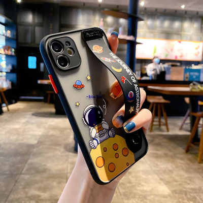 Cute Cartoon Space Astronaut Wrist Band Bracket Phone Case For iPhone 13 12 11 Pro Max XR XS X 6 7 8 Plus Matte Hard Back Cover