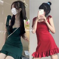 Fomu  พร้อมส่ง?ชุดเดรสผูกโบว์ ดูหรูดูแพง สาวเกาหลี ปลายระบาย เดรสกระโปรงสั้น 70-1