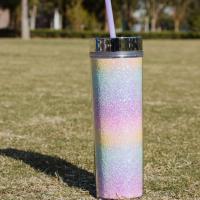 Double Layer Plastic Rainbow Gradient Beauty Straw Mugs Glitter Straight Skinny Tumblers 16oz Large Capacity Outdoor Drink Cup