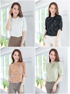 Narinari : MN0520 Side Pleat Blouse เสื้อทำงานแต่งจีบข้าง แขนตุ๊กตา