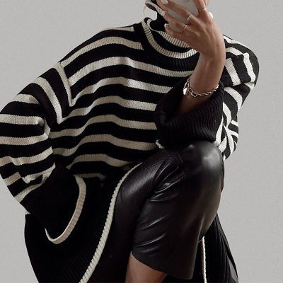 Women Striped Knitted Sweater  Autumn Winter Turtleneck Long Sleeve Oversized Pullover Ladies Fashion Casual Loose Sweaters