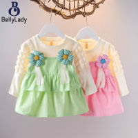 Baby Girls Dress Cotton Long Sleeves A-line Skirt Flower Decoration Princess Dress For 0-4 Years Old Kids【fast】