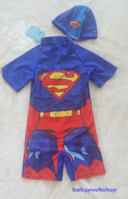 ชุดว่ายน้ำบอดี้สูท ซิปหลัง พิมพ์ลาย superman สีน้ำเงิน พร้อม หมวก เข้าชุด