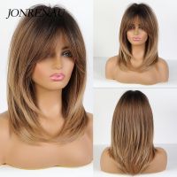 【DT】hot！ JONRENAU Middle Straight Hair with Bangs Ombre to Blonde Wig Dark Synthetic Wigs for Resistance