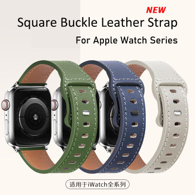สายรัดหนังแท้สำหรับ Apple Watch Ultra 49มม. 41มม. 45มม. 42มม. 44มม. หัวเข็มขัดสี่เหลี่ยมสำหรับ I Watch 8 7 SE 6 4 5 3 2 1 (ไม่รวมนาฬิกา)