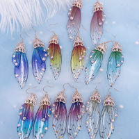 Fairy Rainbow Gradient เรซิ่นปีกผีเสื้อ Drop ต่างหู Rhinestone Glitter จำลองแมลง Dangle ต่างหู Jewelry