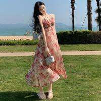 Super fairy seaside holiday chiffon floral holiday dresses backless hollow-out bind posed long skirt of tall waist vented