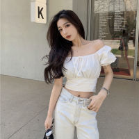 Fashion New Pearl Chain Shirt Women Summer French Bow Backless White Blouse Sweet Puff Sleeve Crop Top Female