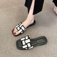 Slippers for women summer outer wear 2022 new style thick heel fashionable going out slippers plaid temperament versatile low heel sandals 【JYUE】