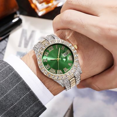 【July】 Hiphop watch European and hot style mens steel belt hip-hop Roman scale diamond calendar quartz