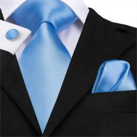 SN 3141 Sky Blue Solid 8.5cm Silk Woven Men Tie Plain Necktie Handkerchief Cufflinks Set Party Wedding Classic Pocket Square Tie