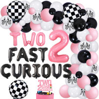 JOYMEMO Pink Racing Car 2nd Birthday Party Decorations for Girls, TWO FAST CURIOUS 2 Foil Balloons with Pink Black Checkerboard Grid Balloon Garland Kit for Girls 2 Years Old Birthday Decoration