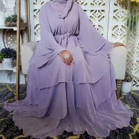 Jilbab ชุดเดรสมุสลิมสามชั้นผ้าชีฟองอาบายาแบบเปิดสำหรับผู้หญิงเสื้อคลุมคาฟตันดูไบเสื้อผ้าอิสลามชุดฮิญาบใหญ่แกว่ง