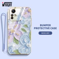 VRQR เคสโทรศัพท์สำหรับ Xiaomi Redmi Note 12S ลายภาพสีน้ำมันพิมพ์ดอกไม้กรอบเคสนิ่มเคลือบอิเล็คโทรเพลทแบนพร้อมฟรีสายคล้อง