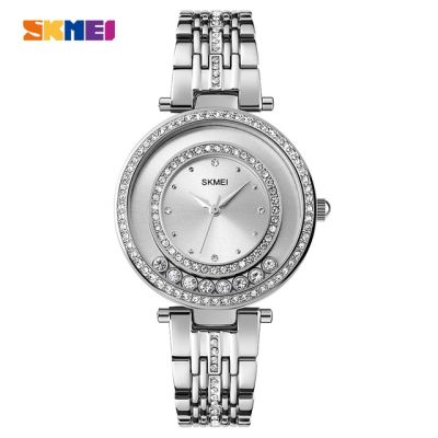 SKMEI นาฬิกาควอตซ์สำหรับผู้หญิง1740,นาฬิกาควอตซ์กันน้ำแฟชั่นสแตนเลสสายเหล็กหรูแฟชั่นสีทองไรน์สโตนนาฬิกาผู้หญิง Relogio Feminin
