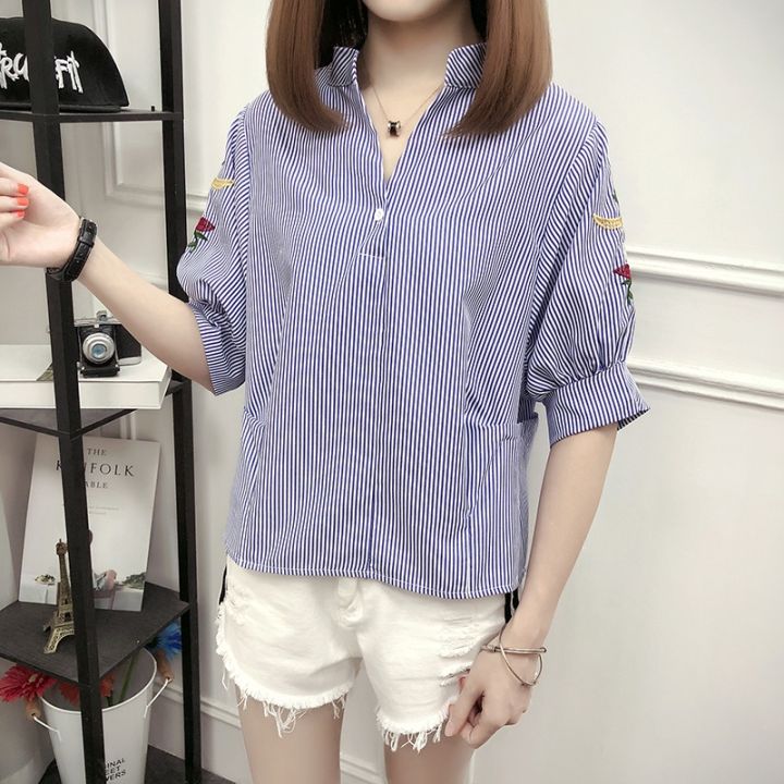 Korean Style Loose Embroidery Stripe Shirt Women Short Sleeve