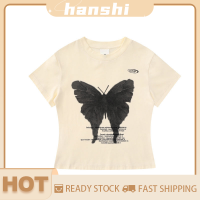 hanshi [2023 new HOT FASHION] lazlook เสื้อยืดแขนสั้นคอกลมพิมพ์ลายผีเสื้อสำหรับผู้หญิงฤดูร้อนเสื้อครอปทรงพอดีตัว