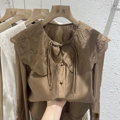 European Doll Collar Long Sleeve Shirt Womens Autumn New French Style Small Shirt Heavy Industry Chiffon Single Breasted Loose Top