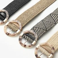 【CW】 Women Casual Waistband Plastic Buckle Wide Waist Belt With Leopard Round Pp Straw Weave Belts Boho Braided Strap