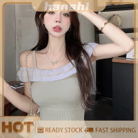 hanshi [2023 new HOT FASHION] lazlook เสื้อยืดถักแต่งระบายเปิดไหล่สำหรับผู้หญิงฤดูร้อนเสื้อครอปสลิมฮอต