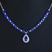 Luxury Imitate Sri Lanka Sapphire Pendent Necklace 925 Silver Blue Cubic Zirconia Water Drop Pearl Shape Necklace Fine Jewelry