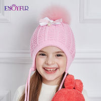 ENJOYFUR Beautiful Bow-Knot Knitted baby Hat Girl Rhinestones Pearl Winter Hats For Girls Thick Cotton Caps Autumn Beanies