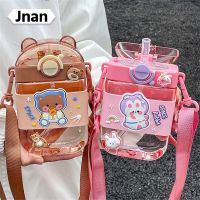 Jnan?ถ้วยน้ำพร้อมหลอดลายการ์ตูนสำหรับเด็ก,ถ้วยพร้อมกับสายปรับได้แบบพกพาทรงสี่เหลี่ยมแบนกระบอกน้ำรูปสัตว์น่ารักขนาด470มล.