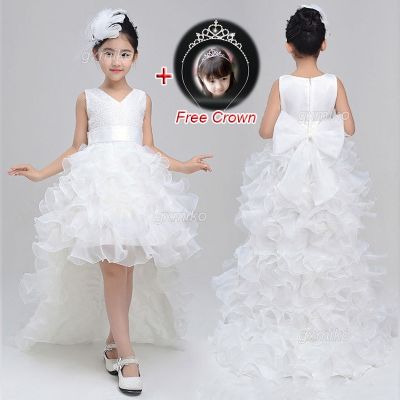 ✵ 1-12Y Ruffle Tailing Maxi Dress for Kids Girl 8 Years Old Princess Gown Party Dress for Baby Girl Birthday Wedding Teens Terno for Girls 5 6 7 8 Year Old with Freebie Crown