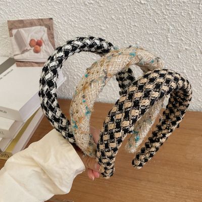 [COD] Korean version of autumn and winter fragrant high skull top wide side headband high-end temperament hair cave knitted lattice wholesale women