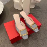 2023 New Square Head Square Buckle Sandal Slippers patent leather Rogerˉvivierˉmid heel Heeled High Heeled Women Slippers Sandals Women